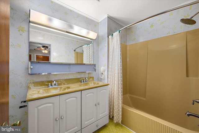 full bath with wallpapered walls, double vanity, shower / bathtub combination with curtain, and a sink