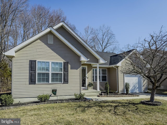 view of front of property with a garage, concrete driveway, roof with shingles, and a front lawn