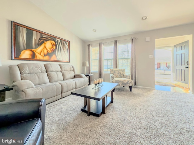 living area featuring lofted ceiling, carpet, baseboards, and recessed lighting