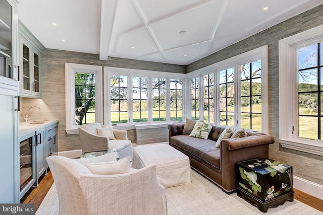 13401 Longnecker Rd, Reisterstown, MD 21136 - sunroom featuring coffered ceiling, a sink, and beamed ceiling