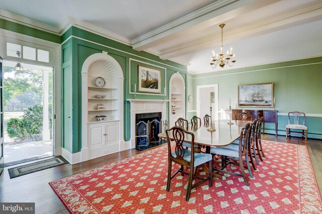 13401 Longnecker Rd, Reisterstown, MD 21136 - dining space featuring beam ceiling, ornamental molding, a fireplace with flush hearth, wood finished floors, and a chandelier