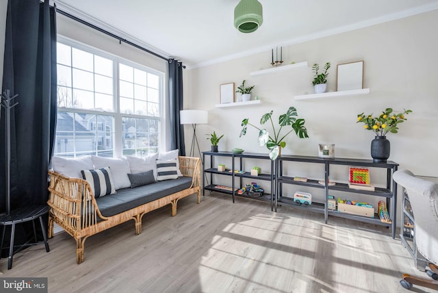 living area featuring wood finished floors and ornamental molding