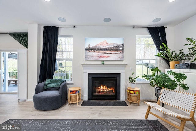 sitting room featuring wood finished floors, a fireplace with flush hearth, and a healthy amount of sunlight