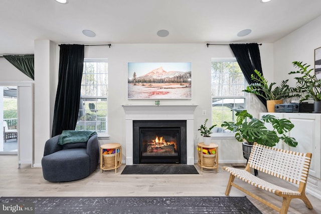 living area with a fireplace with flush hearth, a healthy amount of sunlight, and wood finished floors