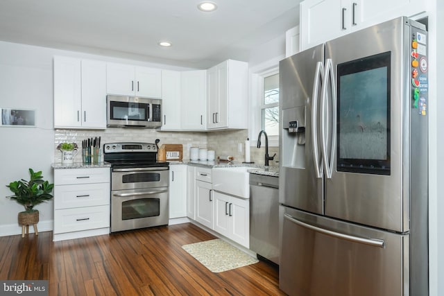 kitchen featuring decorative backsplash, dark wood-style floors, light stone countertops, stainless steel appliances, and a sink