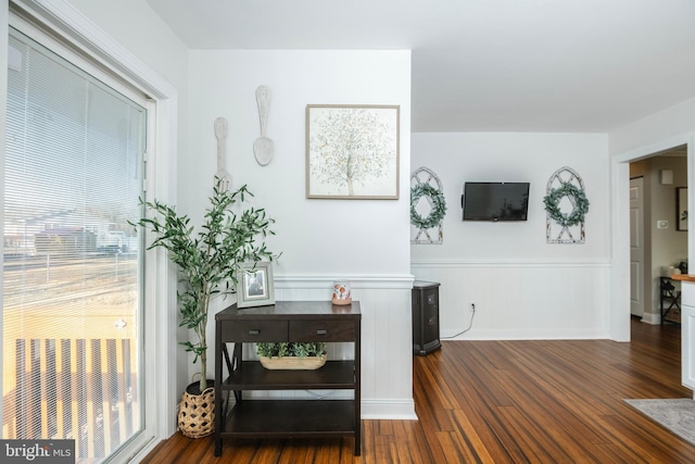 interior space featuring wood finished floors and wainscoting