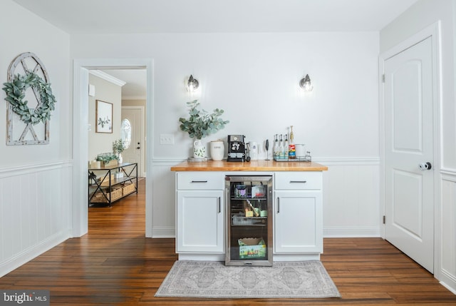 bar with dark wood-type flooring, wine cooler, wainscoting, and a dry bar