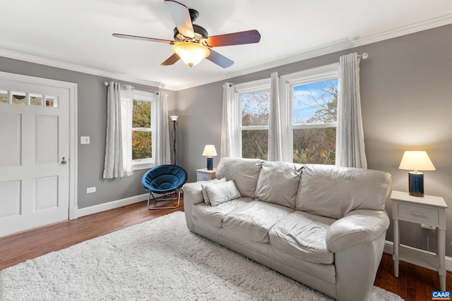 living area featuring a ceiling fan, crown molding, baseboards, and wood finished floors