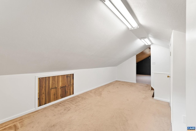 additional living space with baseboards, vaulted ceiling, a textured ceiling, and carpet flooring