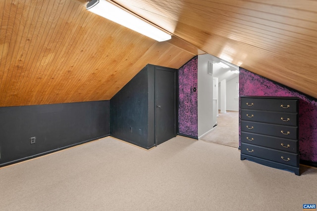 bonus room featuring wooden ceiling, vaulted ceiling, and carpet flooring