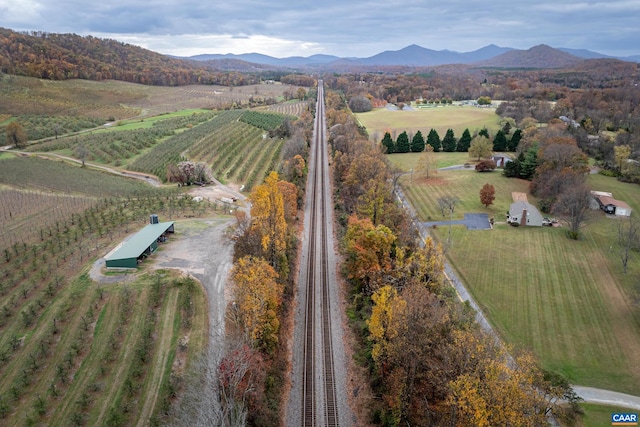 birds eye view of property featuring a mountain view and a rural view