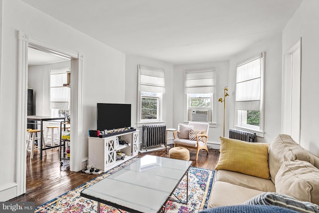 living room with cooling unit, radiator, and hardwood / wood-style floors