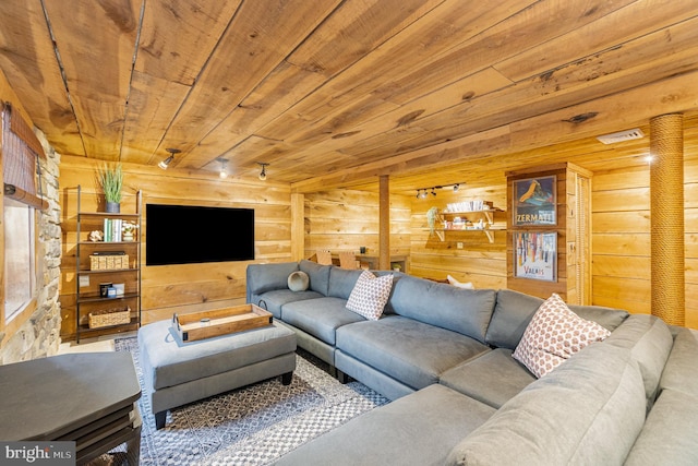 living area with wood walls and wood ceiling