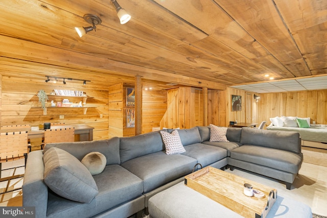 living area featuring wooden ceiling and wooden walls