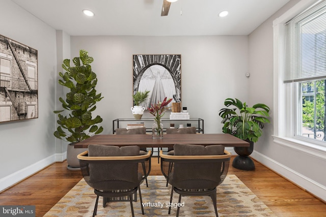 1306 E St NE, Washington, DC 20002 - dining space with baseboards, wood finished floors, a ceiling fan, and recessed lighting