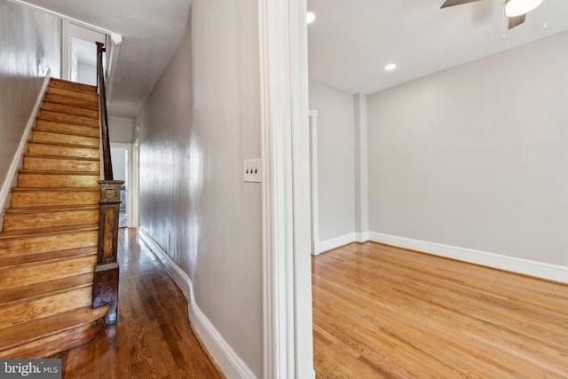 1306 E St NE, Washington, DC 20002 - stairway featuring wood finished floors, ceiling fan, baseboards, and recessed lighting