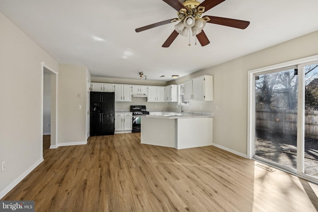 kitchen with white cabinetry, black appliances, a peninsula, and light countertops