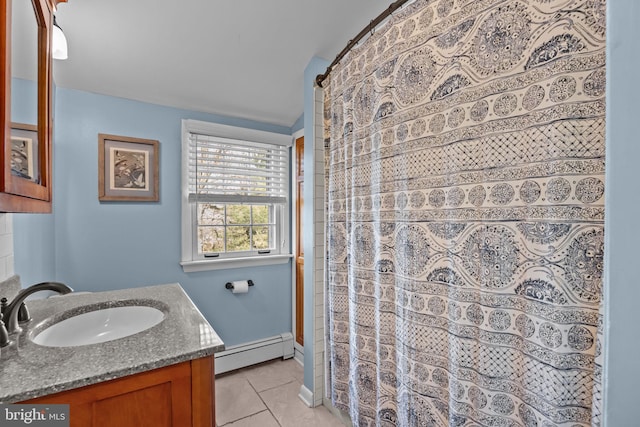 full bathroom featuring a baseboard radiator, tile patterned flooring, a shower with shower curtain, vanity, and baseboards