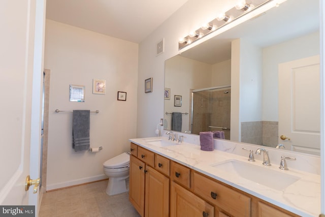 full bathroom with double vanity, visible vents, a stall shower, and a sink