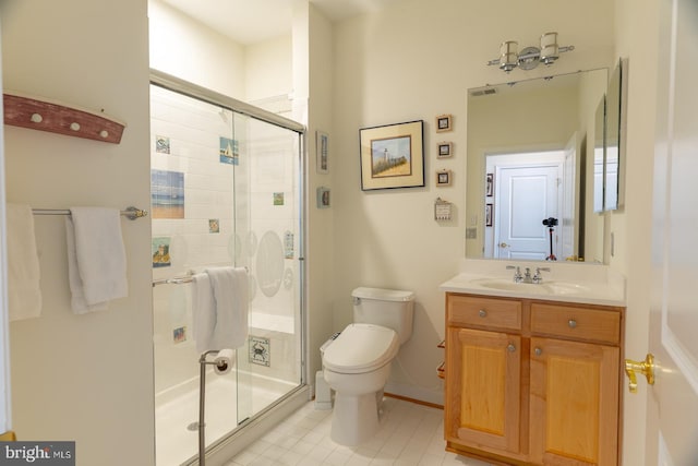 full bathroom with vanity, a shower stall, toilet, and visible vents