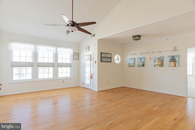 unfurnished living room featuring visible vents, ceiling fan, baseboards, and light wood-style floors