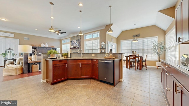 kitchen with visible vents, ornamental molding, a sink, stainless steel dishwasher, and open floor plan