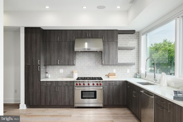 kitchen with under cabinet range hood, a sink, light countertops, appliances with stainless steel finishes, and open shelves