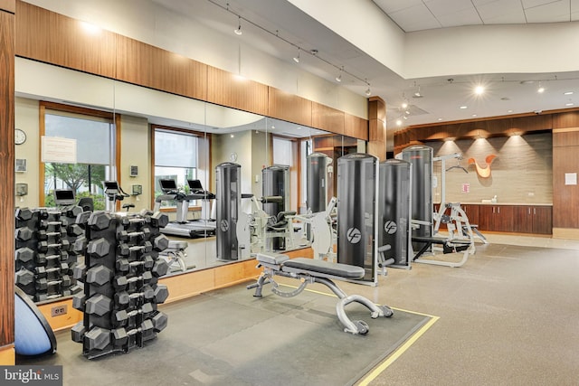 exercise room featuring a drop ceiling and rail lighting