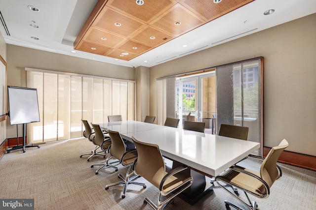 office space featuring recessed lighting, coffered ceiling, french doors, and carpet