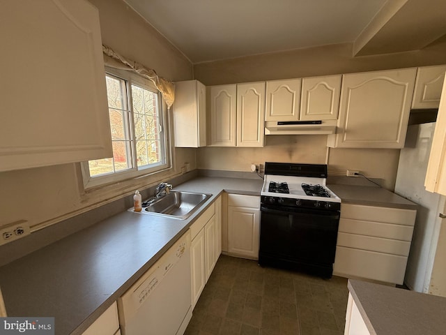 kitchen featuring black range with gas cooktop, white dishwasher, under cabinet range hood, a sink, and white cabinetry