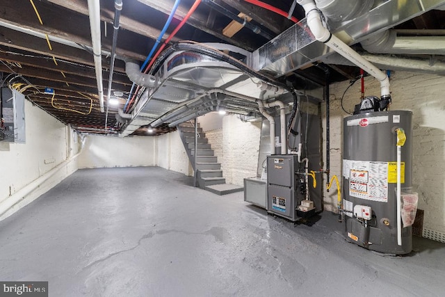 unfinished basement with electric panel, water heater, stairway, and heating unit