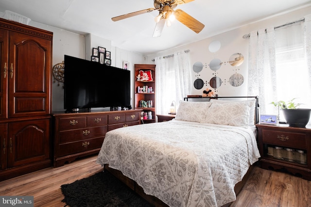 bedroom with light wood-type flooring, ceiling fan, and multiple windows