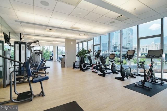 workout area with a view of city, wood finished floors, and floor to ceiling windows