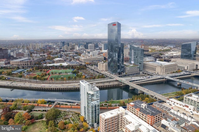 aerial view with a view of city and a water view