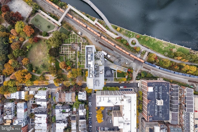 aerial view featuring a water view