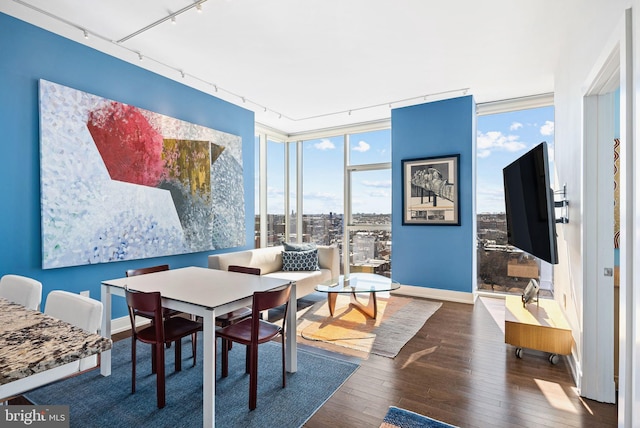 dining room featuring baseboards, expansive windows, hardwood / wood-style flooring, and track lighting