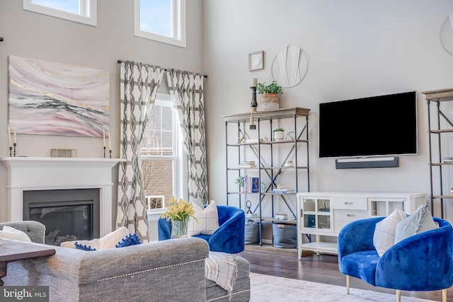 living area featuring a glass covered fireplace, a towering ceiling, and wood finished floors