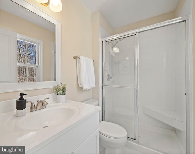 full bathroom featuring a stall shower, vanity, and toilet