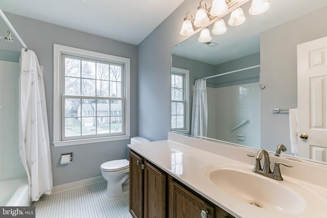 bathroom featuring visible vents, baseboards, toilet, tile patterned floors, and vanity