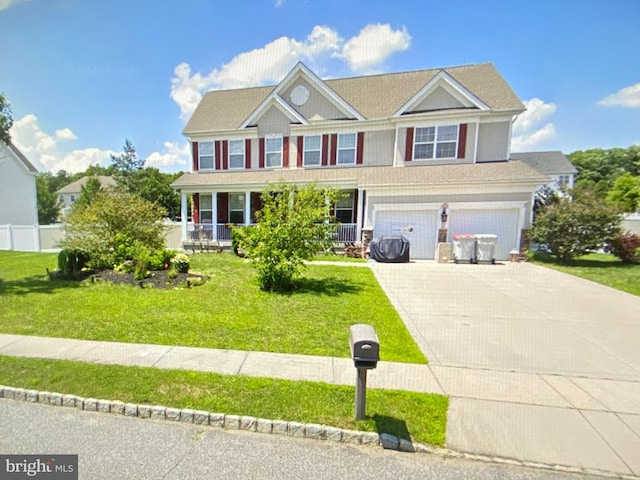 view of front of home featuring a front yard, an attached garage, covered porch, and driveway