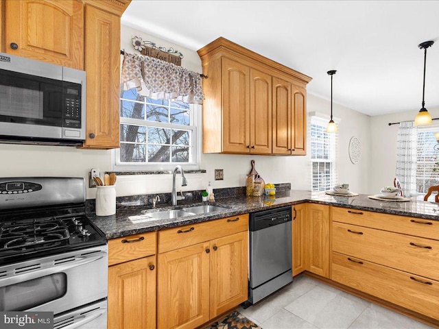 kitchen with a sink, stainless steel appliances, a healthy amount of sunlight, and decorative light fixtures