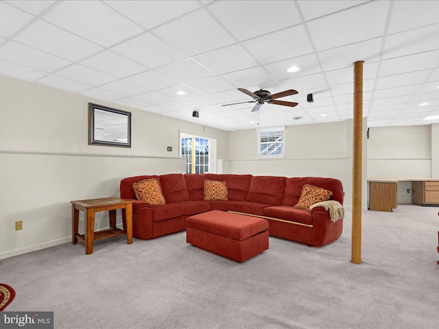 carpeted living room with recessed lighting, a paneled ceiling, and baseboards