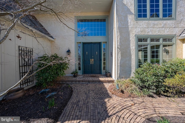 entrance to property featuring stucco siding