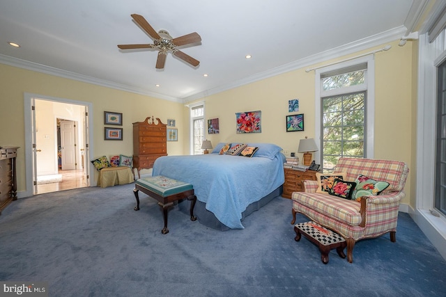 bedroom featuring carpet floors, recessed lighting, crown molding, and ceiling fan