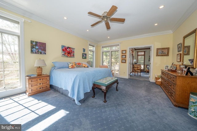 bedroom with recessed lighting, a ceiling fan, baseboards, carpet, and crown molding