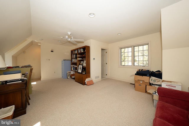 bonus room with recessed lighting, baseboards, ceiling fan, and light colored carpet