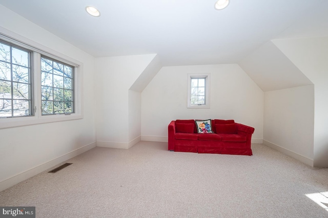 additional living space with lofted ceiling, carpet, visible vents, and baseboards