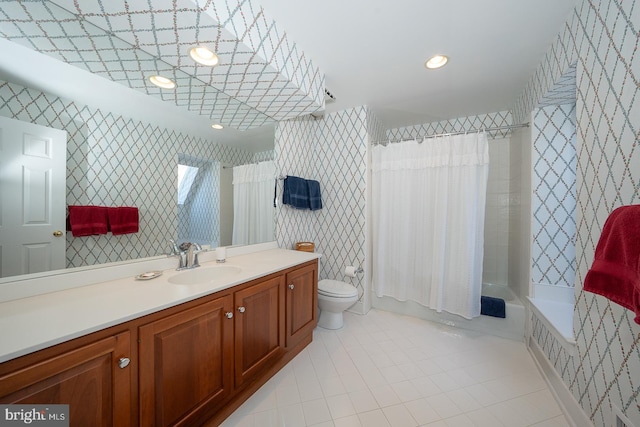 bathroom featuring tile patterned flooring, toilet, vanity, wallpapered walls, and shower / bathtub combination with curtain