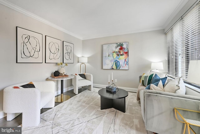 living room with crown molding and baseboards