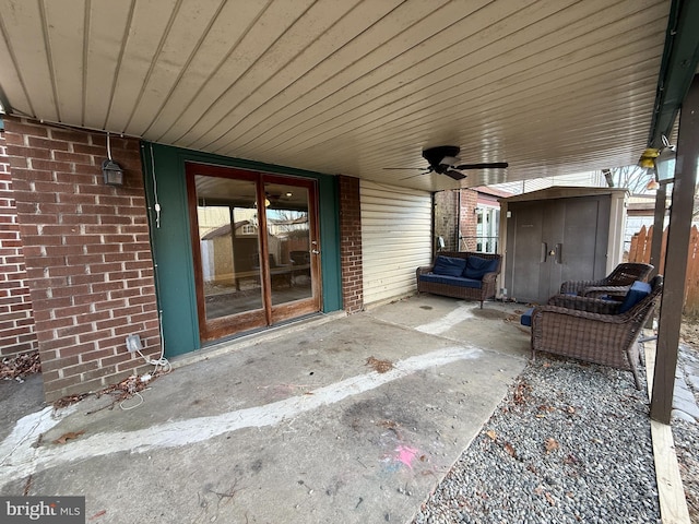 view of patio featuring ceiling fan